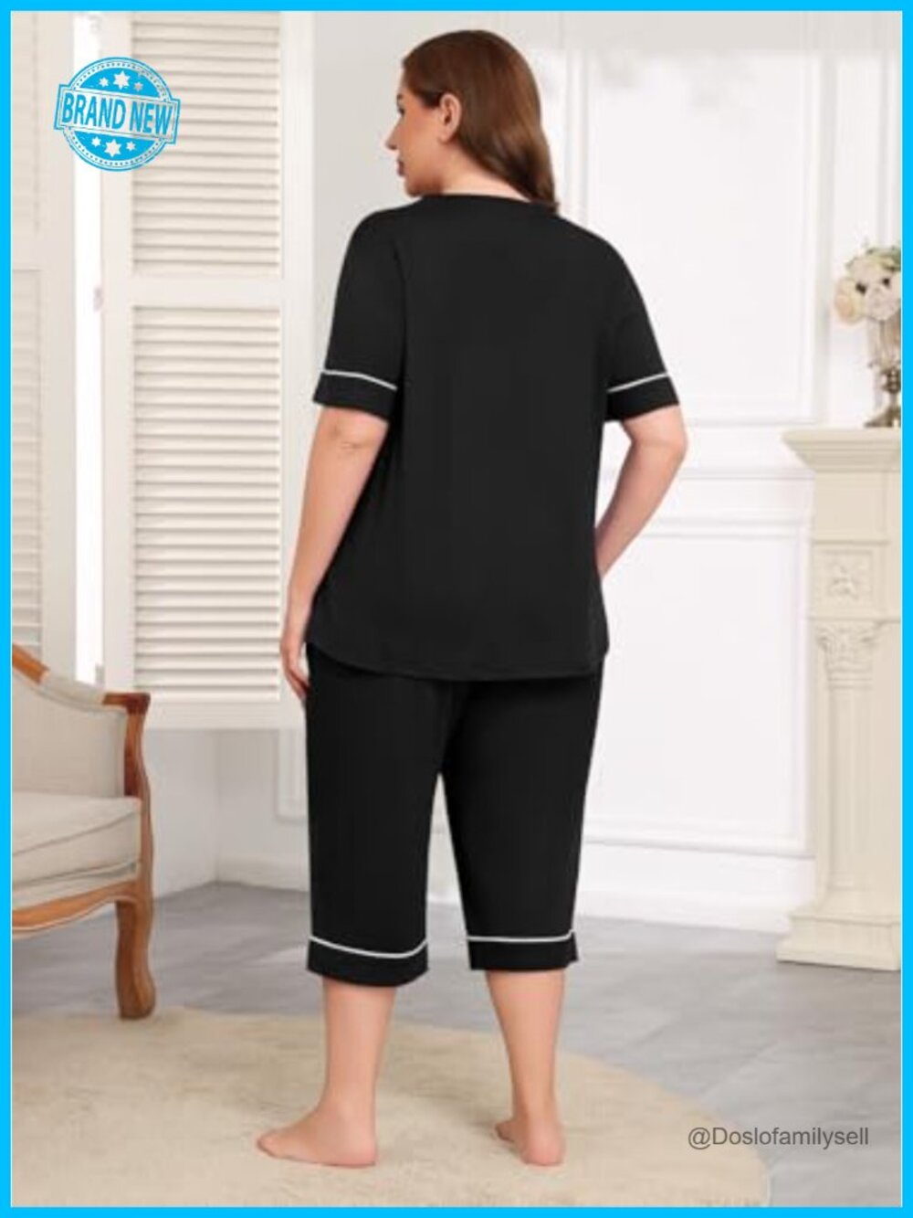 Plus Size Pajama Set 2 Piece V Neck Short Sleeve Capri Pants Lounge Set Knit - Picture 5 of 6